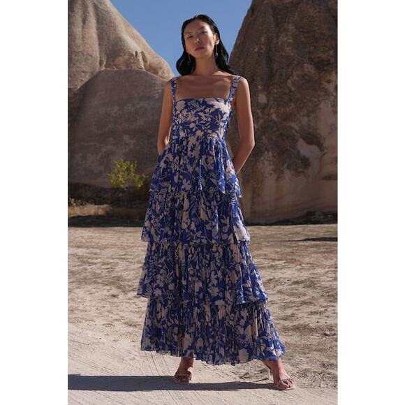 Twinkle Hanspal Melody Dress Blue Georgette Printed Meadow Square Neck - Picture 2 of 8